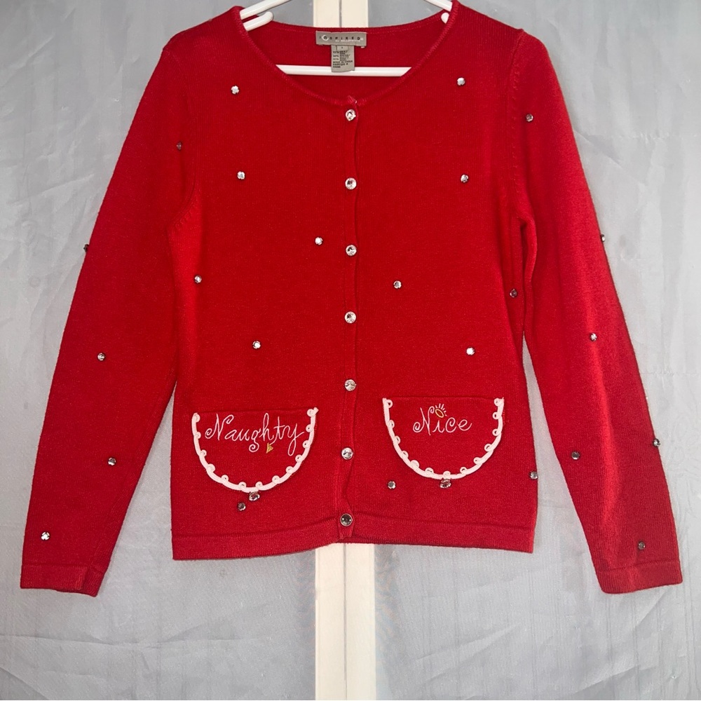 Inspired Bellepointe Red Christmas Cardigan Sweater Naughty Rhinestone Silk Wool